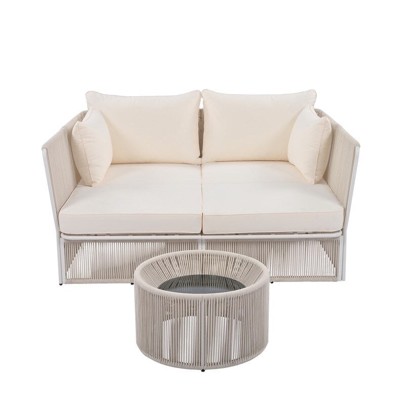 Patio Double Chaise Lounge Daybed with Coffee Table, Beige+Natural