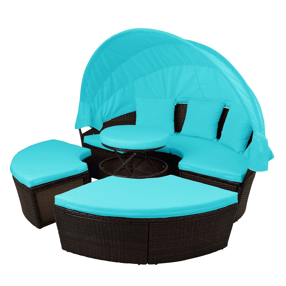 Patio Furniture Round Sectional Sofa Set Rattan Daybed Sunbed with Retractable Canopy