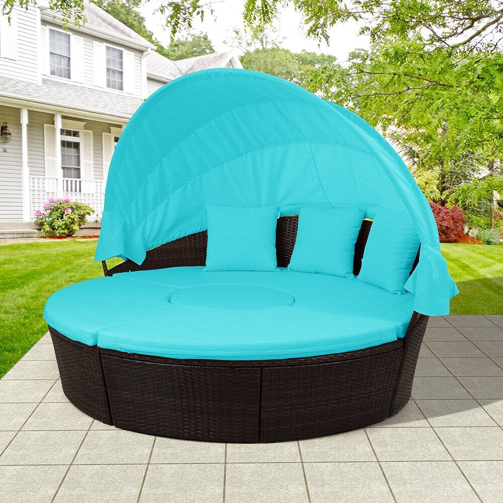 Patio Furniture Round Sectional Sofa Set Rattan Daybed Sunbed with Retractable Canopy