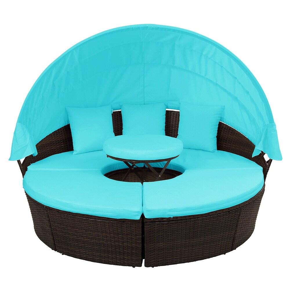 Patio Furniture Round Sectional Sofa Set Rattan Daybed Sunbed with Retractable Canopy