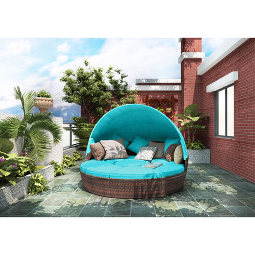 Patio Furniture Round Sectional Sofa Set Rattan Daybed Sunbed with Retractable Canopy