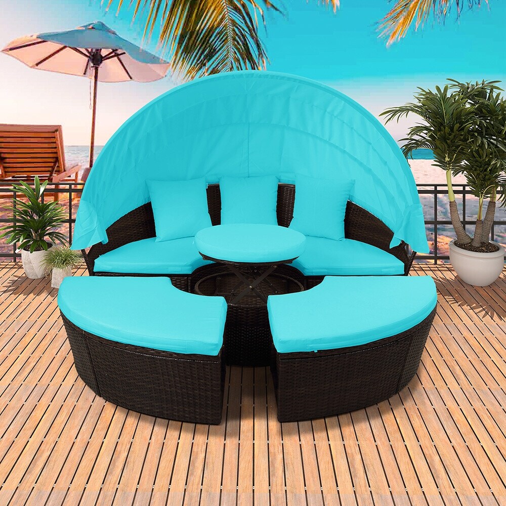 Patio Furniture Round Sectional Sofa Set Rattan Daybed Sunbed with Retractable Canopy