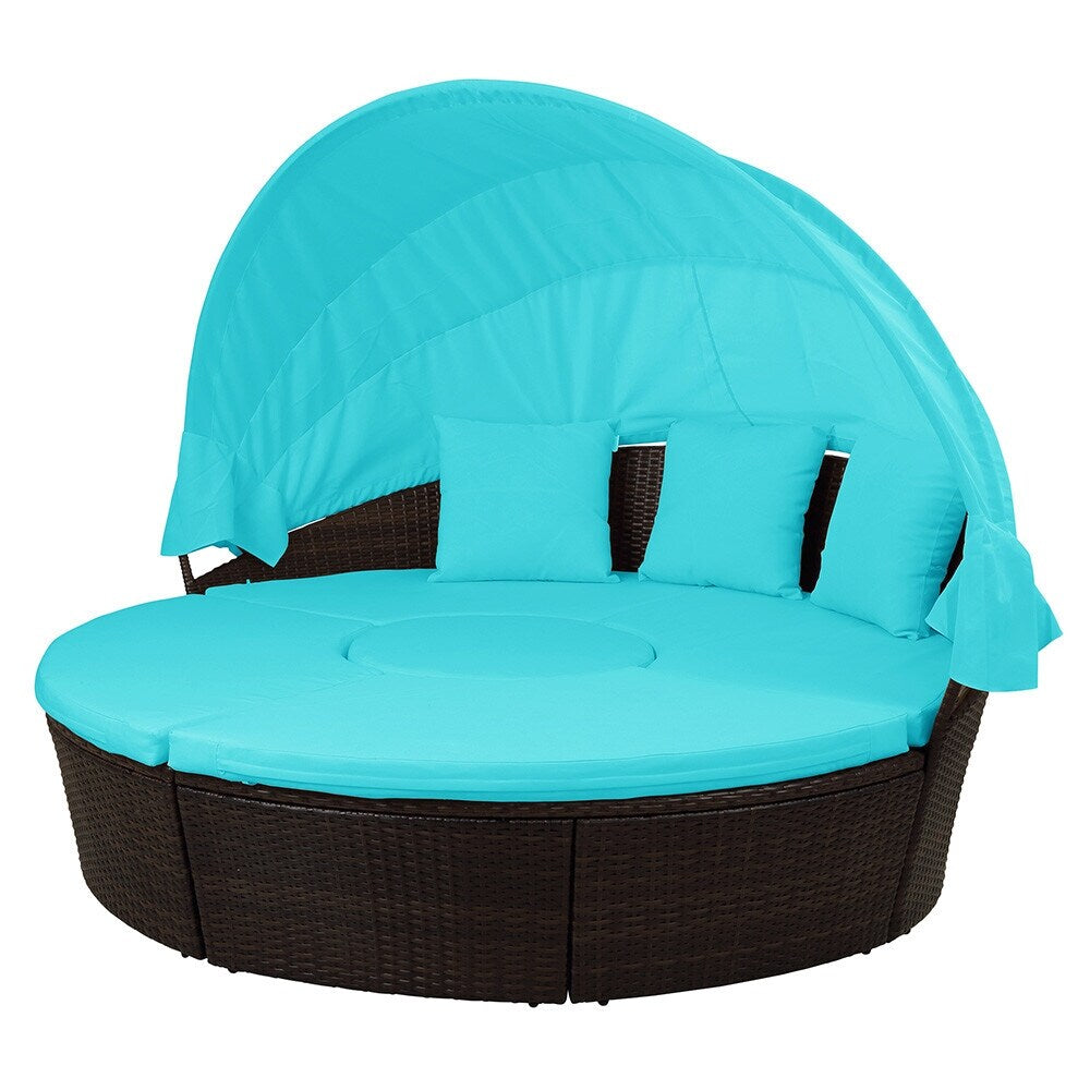 Patio Furniture Round Sectional Sofa Set Rattan Daybed Sunbed with Retractable Canopy