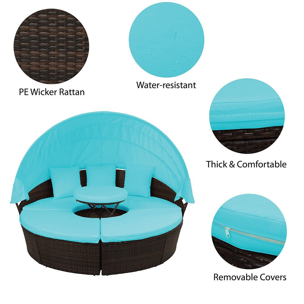 Patio Furniture Round Sectional Sofa Set Rattan Daybed Sunbed with Retractable Canopy