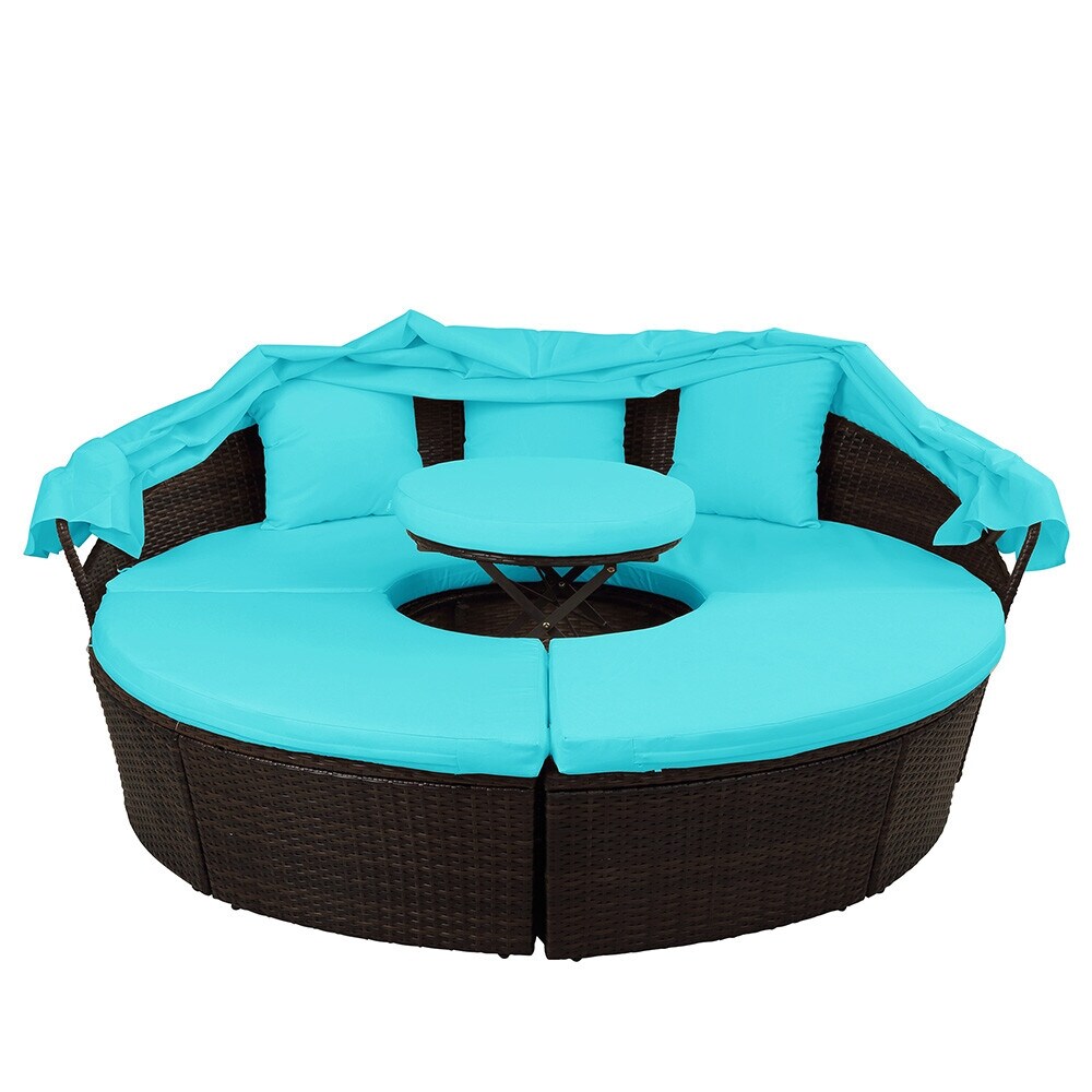Patio Furniture Round Sectional Sofa Set Rattan Daybed Sunbed with Retractable Canopy