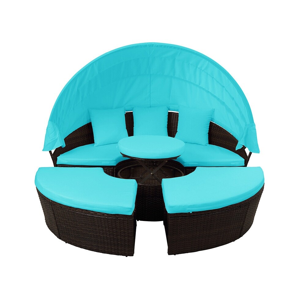 Patio Furniture Round Sectional Sofa Set Rattan Daybed Sunbed with Retractable Canopy