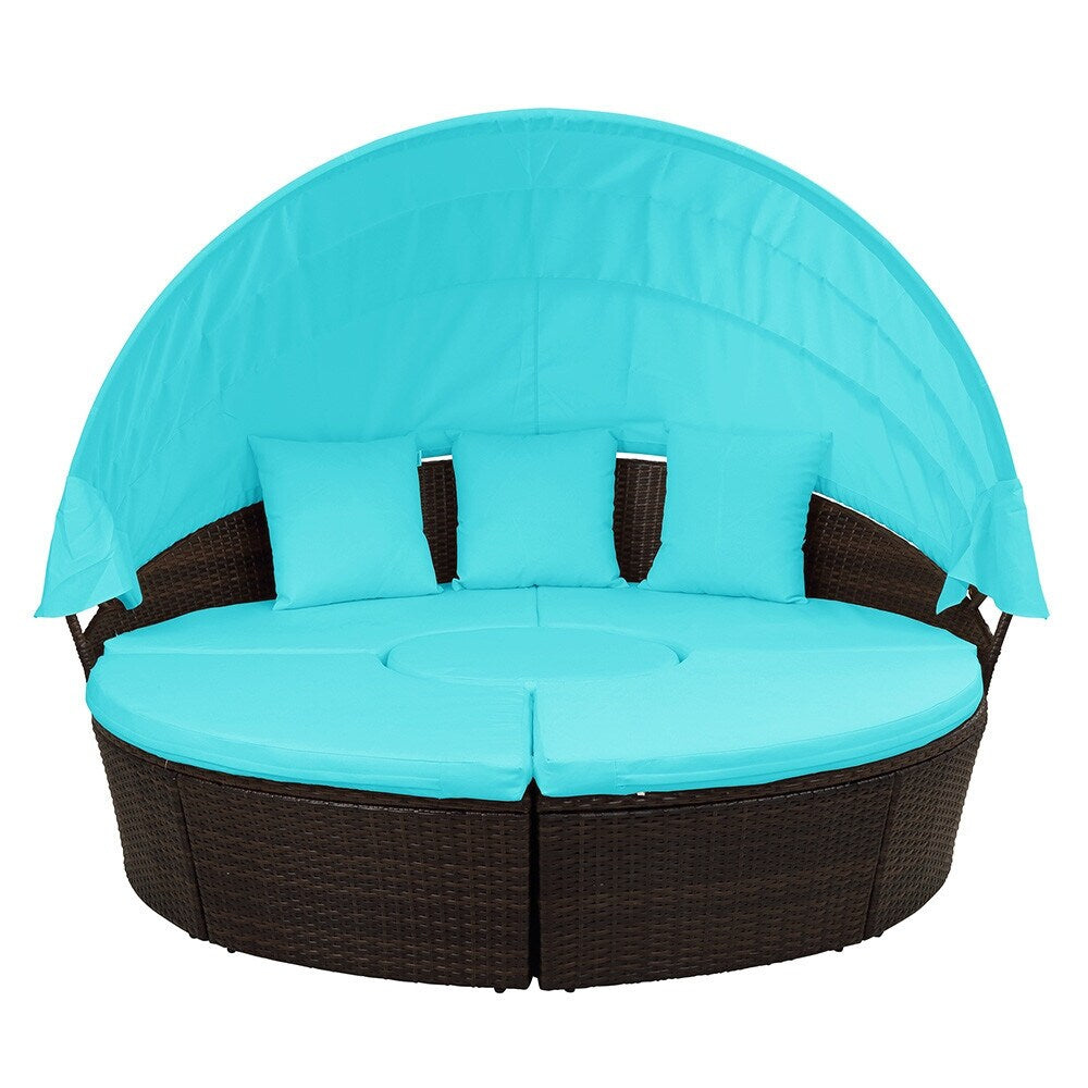 Patio Furniture Round Sectional Sofa Set Rattan Daybed Sunbed with Retractable Canopy
