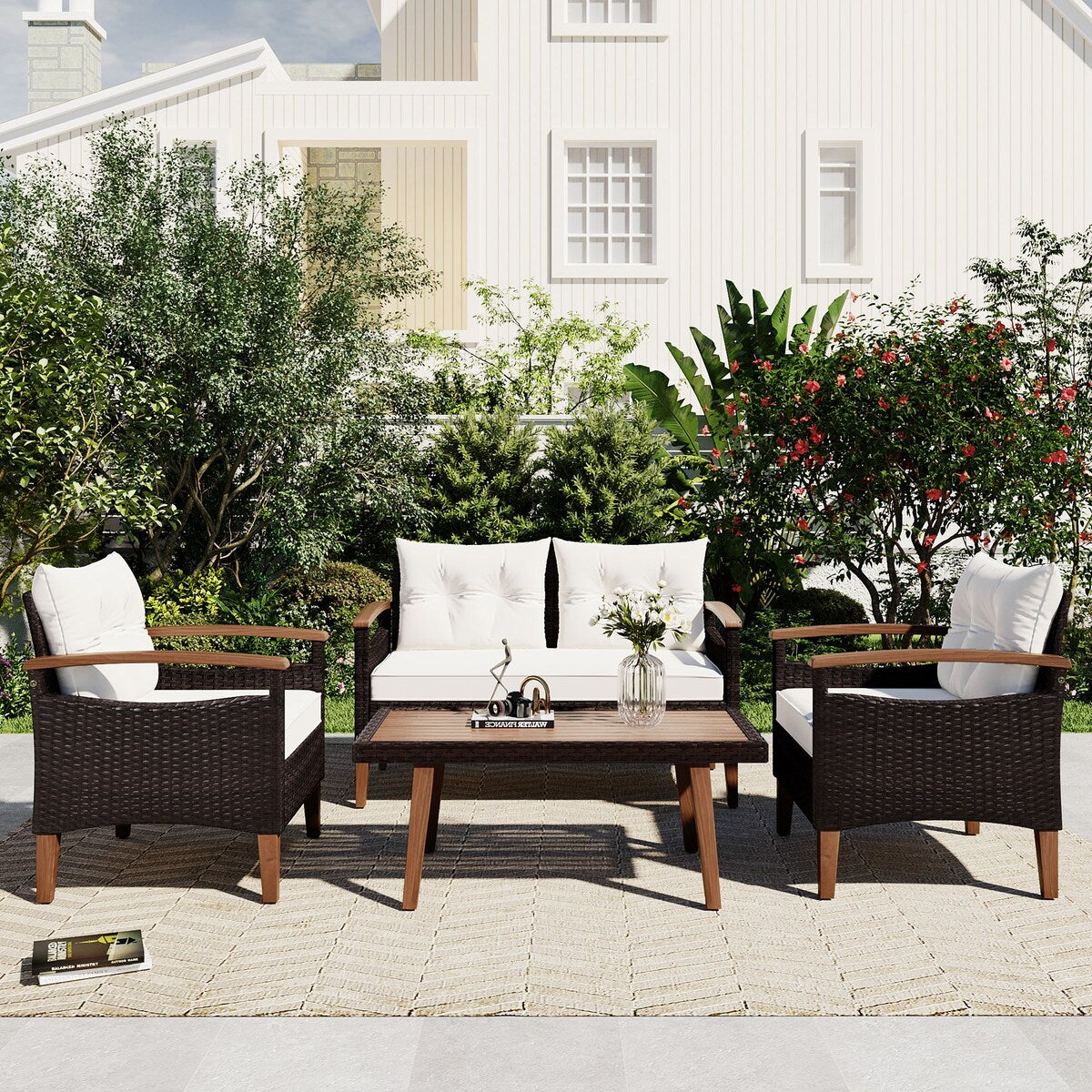 Patio Furniture Sets 4 Pieces, All Weather Outdoor Rattan Sofa w/Wood Table & Legs,for Lawn,Backyard,Poolside or Garden,Beige