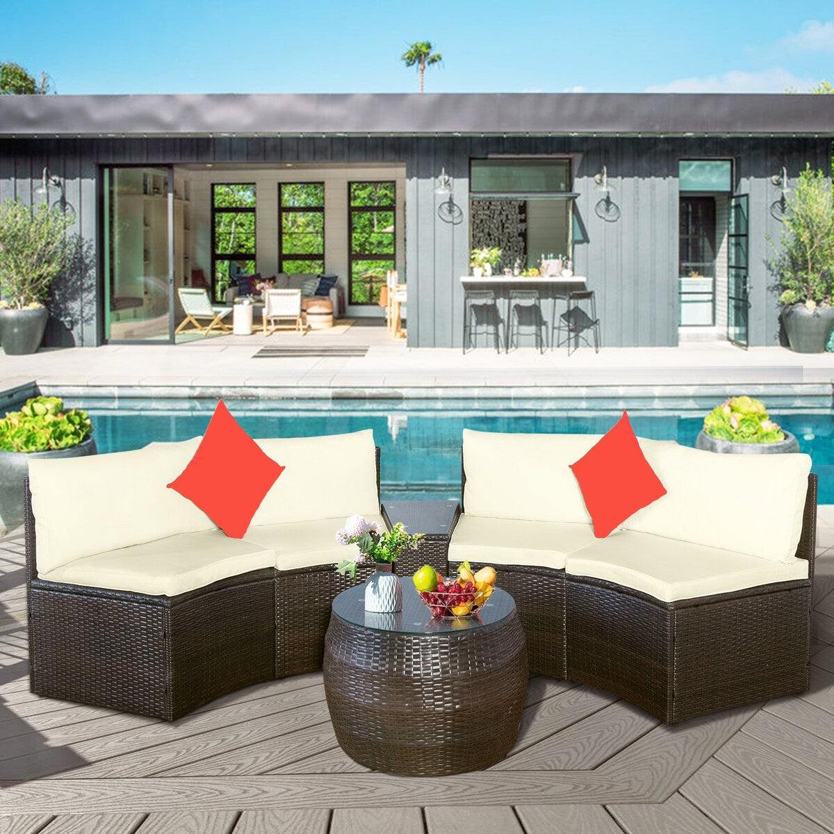 Patio Furniture Sets, Outdoor Half-Moon Sectional Furniture Wicker Sofa Set with Two Pillows