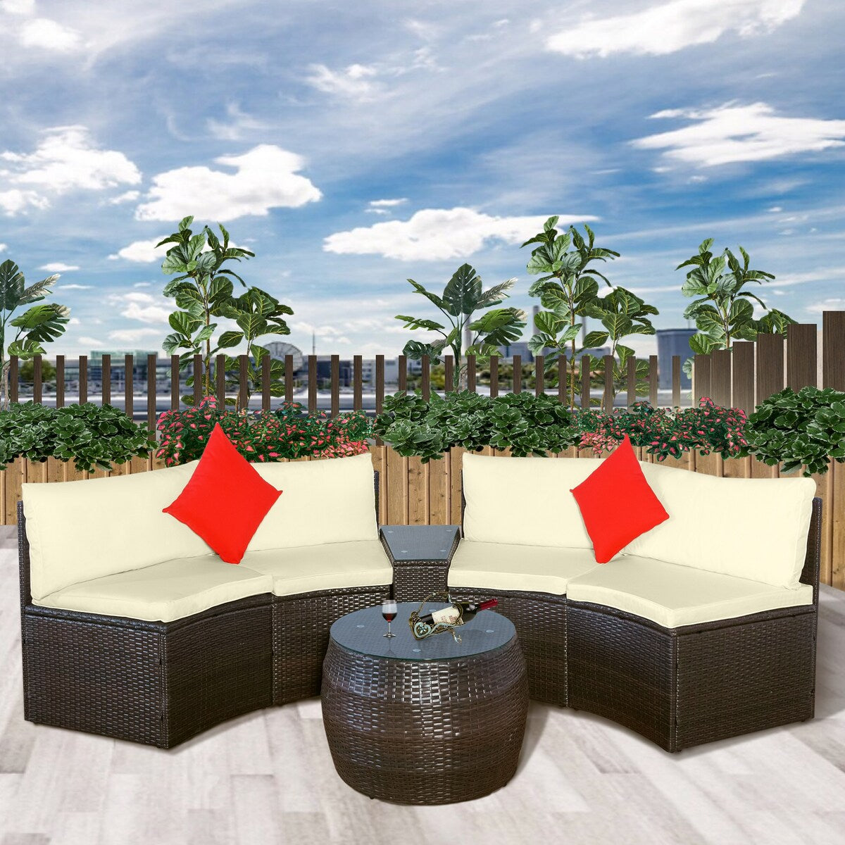 Patio Furniture Sets, Outdoor Half-Moon Sectional Furniture Wicker Sofa Set with Two Pillows