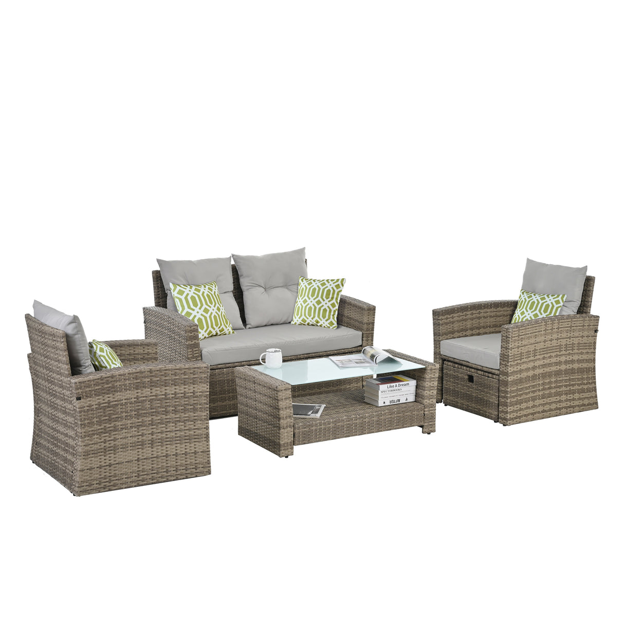 Patio Seasonal PE 6 piece Wicker set With Tempered Glass Coffee Table