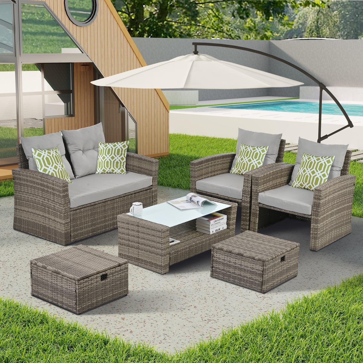 Patio Seasonal PE 6 piece Wicker set With Tempered Glass Coffee Table