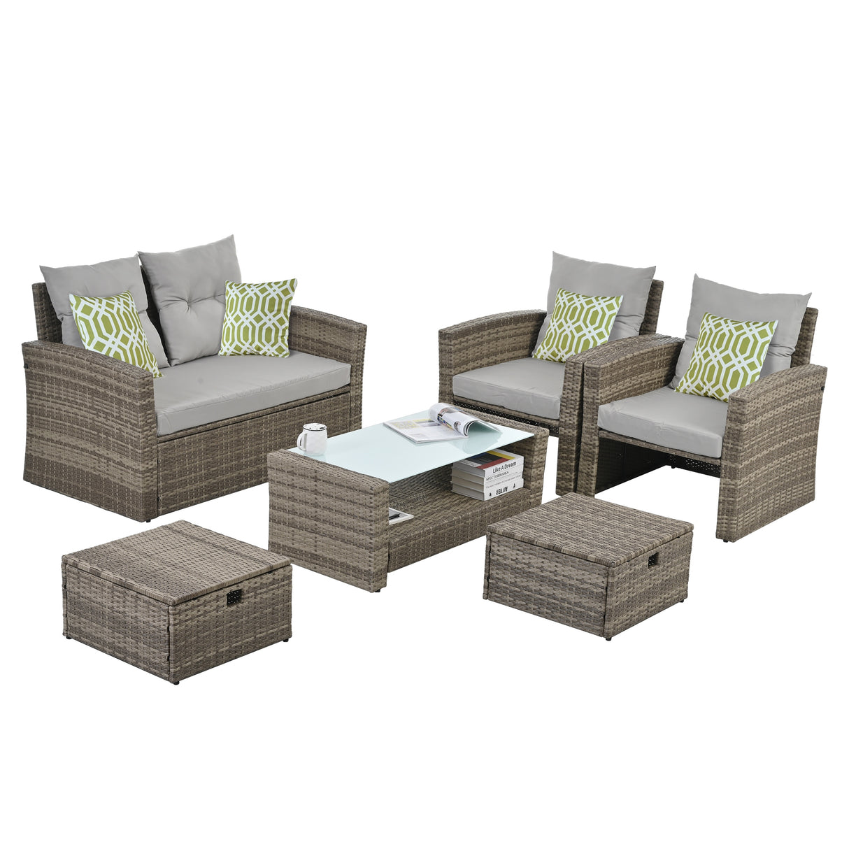 Patio Seasonal PE 6 piece Wicker set With Tempered Glass Coffee Table