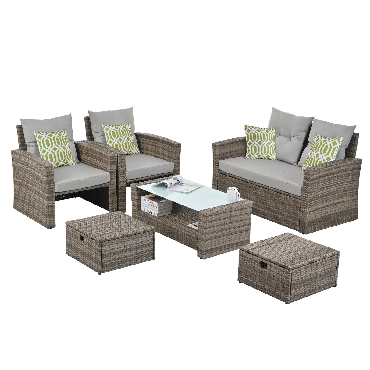 Patio Seasonal PE 6 piece Wicker set With Tempered Glass Coffee Table