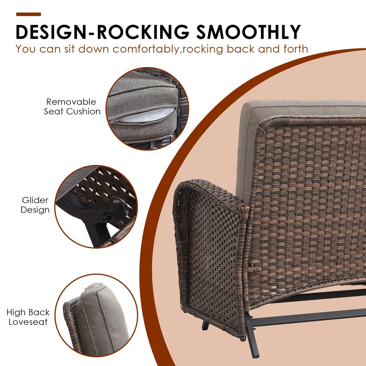 Patio Glider Loveseat Coffee Table, Swivel Chair and Ottomans - Brown