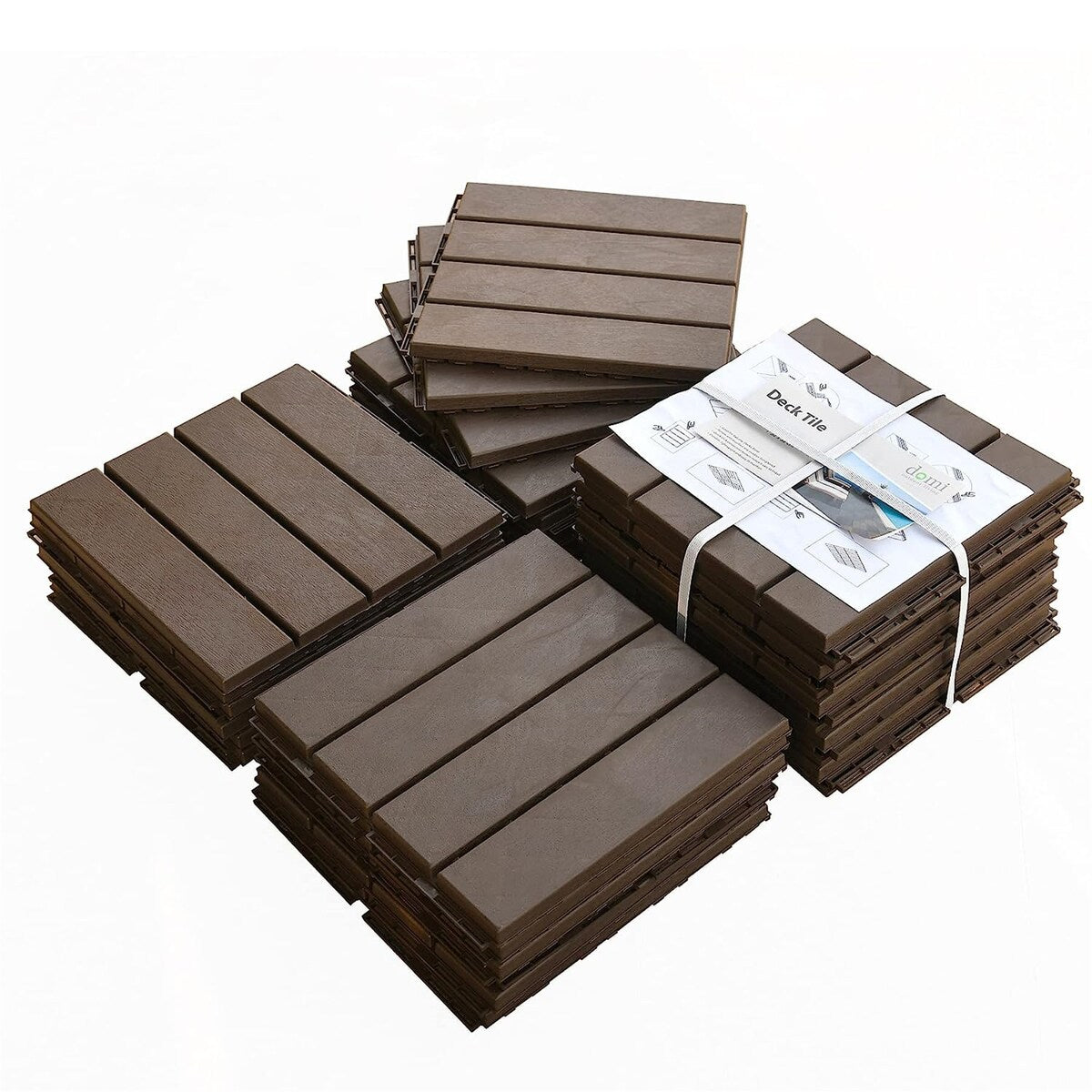 Patio Interlocking Deck Tiles, 12"x12"Square Composite Decking Tiles, Four Slat Plastic Outdoor Flooring Tile (Dark Grey;Brown)
