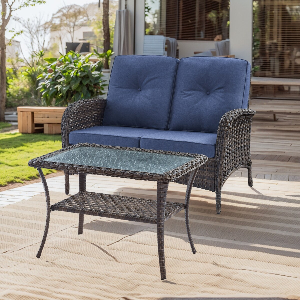 Patio Loveseat Wicker Outdoor Couch - Brown
