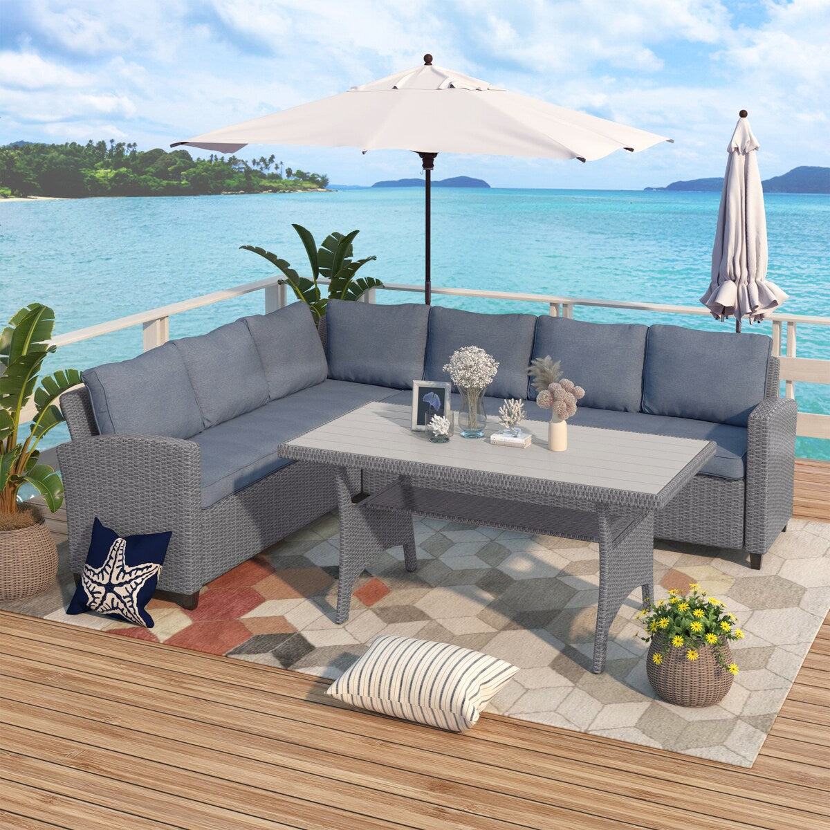 Patio Outdoor Furniture PE Rattan All-Weather Sectional Sofa Set with Table
