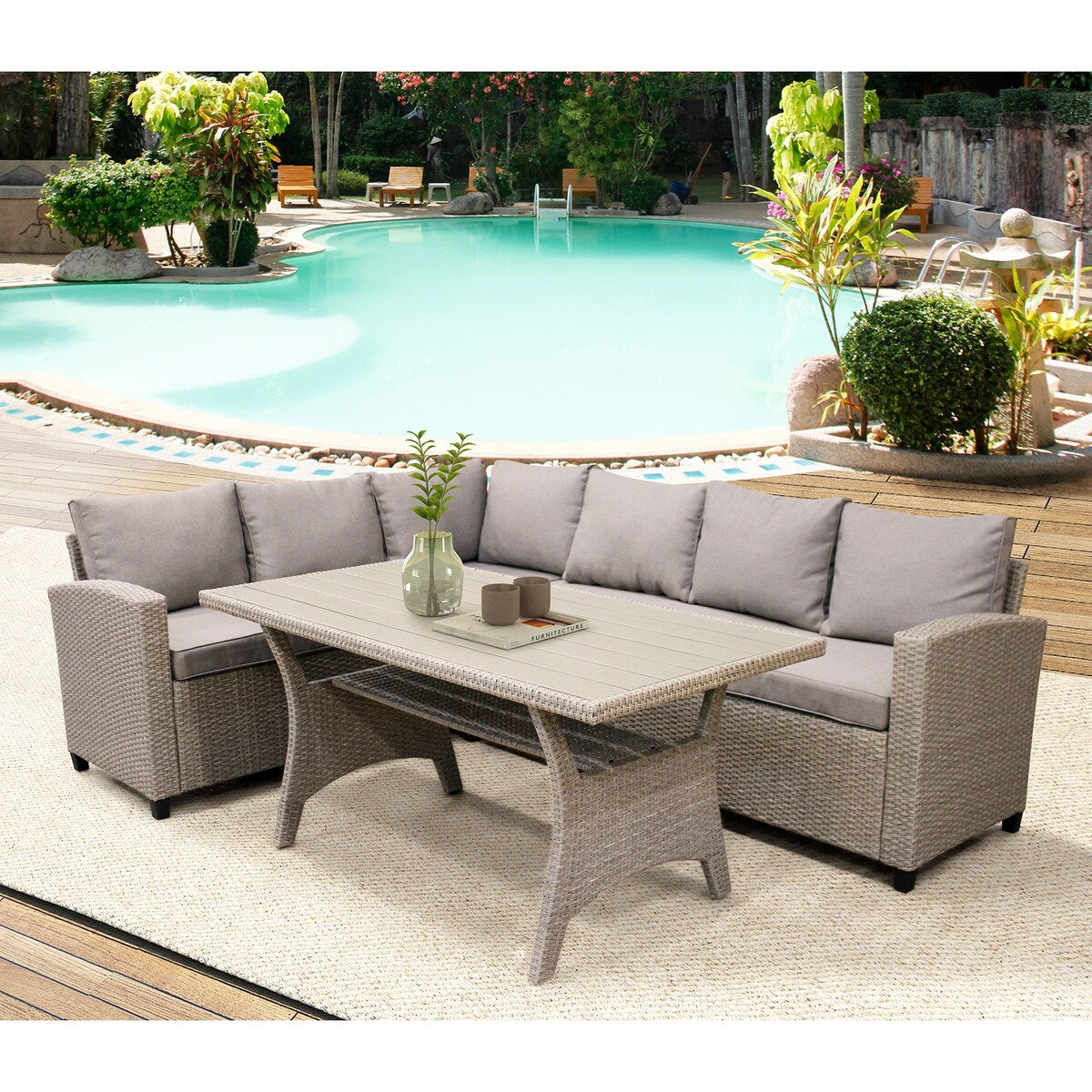 Patio Outdoor Furniture PE Rattan All-Weather Sectional Sofa Set with Table