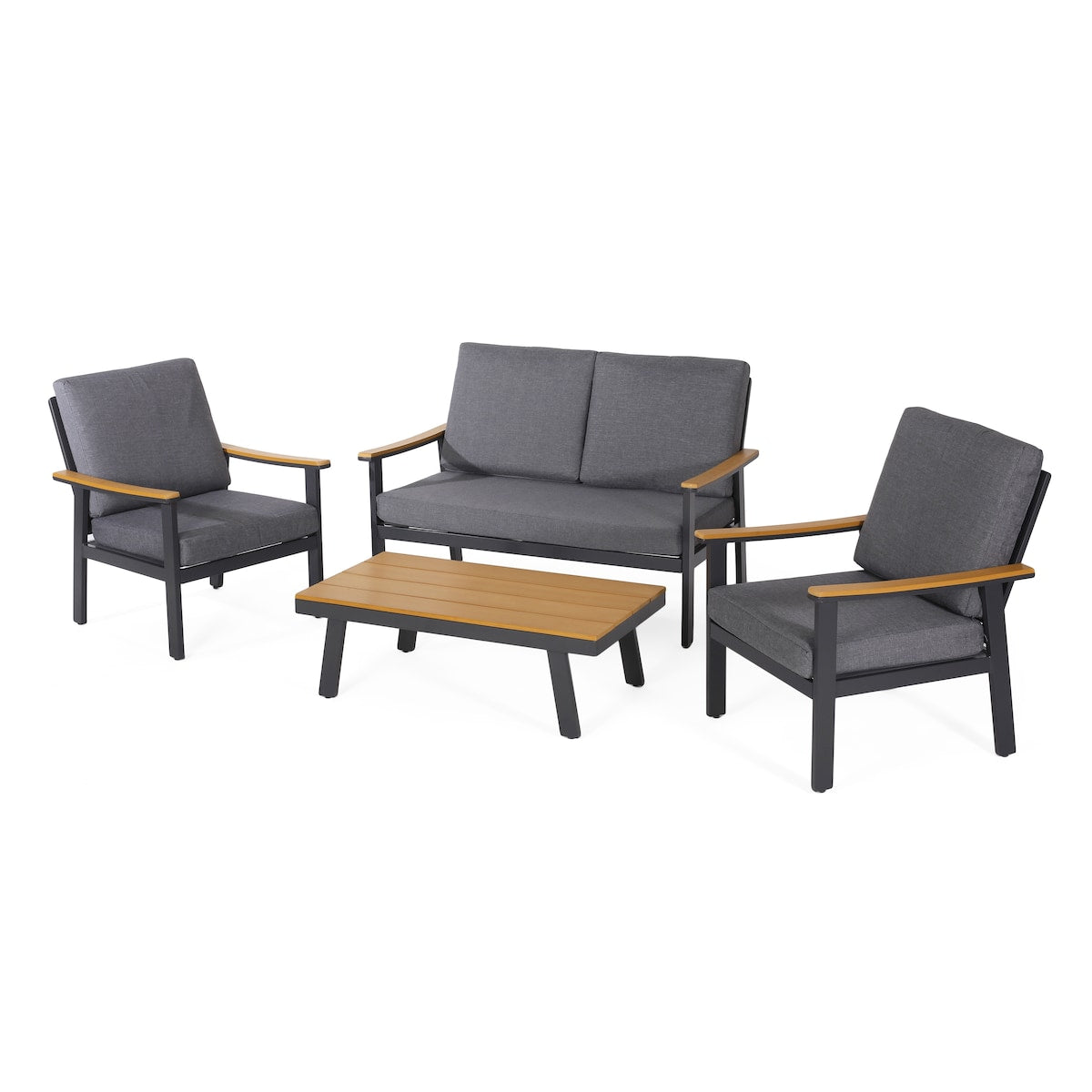 Patio Outdoor Wood Fabric Sofa Set with Coffee Table and Cushion
