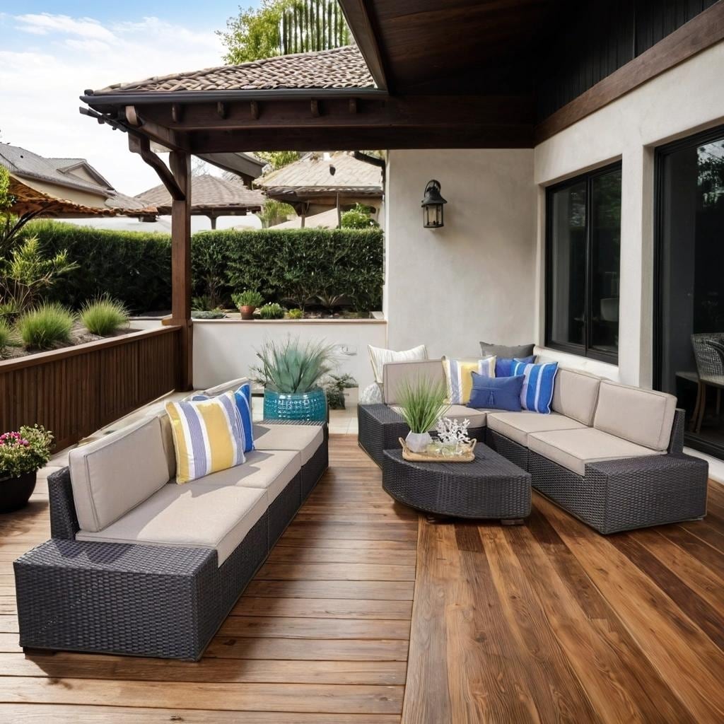 Patio Outdoor Wood Fabric Sofa Set with Coffee Table and Cushion