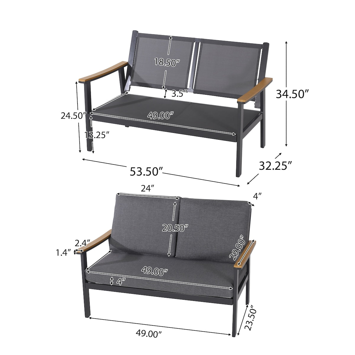 Patio Outdoor Wood Fabric Sofa Set with Coffee Table and Cushion