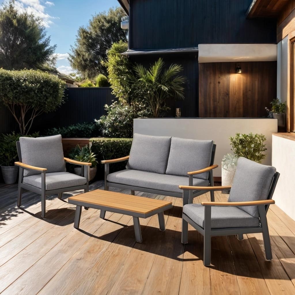 Patio Outdoor Wood Fabric Sofa Set with Coffee Table and Cushion