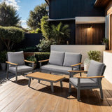 Patio Outdoor Wood Fabric Sofa Set with Coffee Table and Cushion