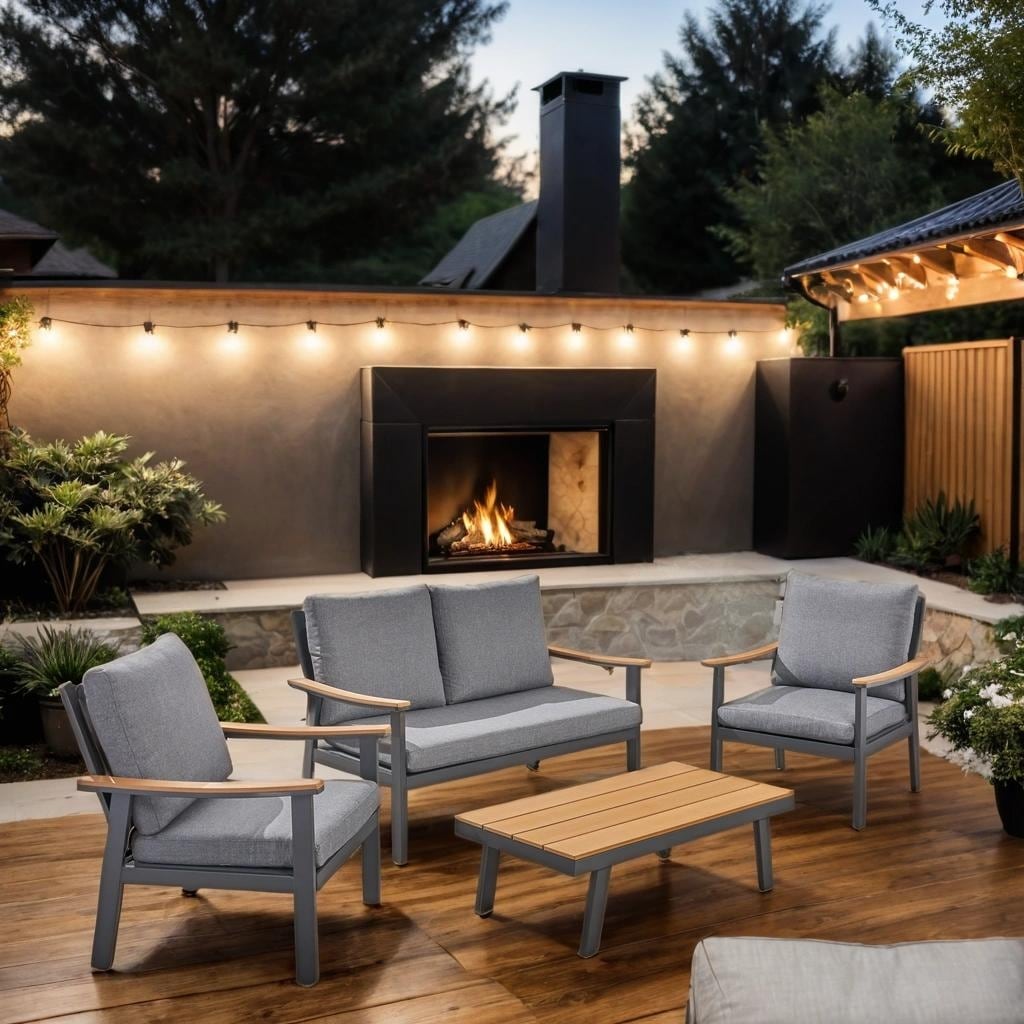 Patio Outdoor Wood Fabric Sofa Set with Coffee Table and Cushion