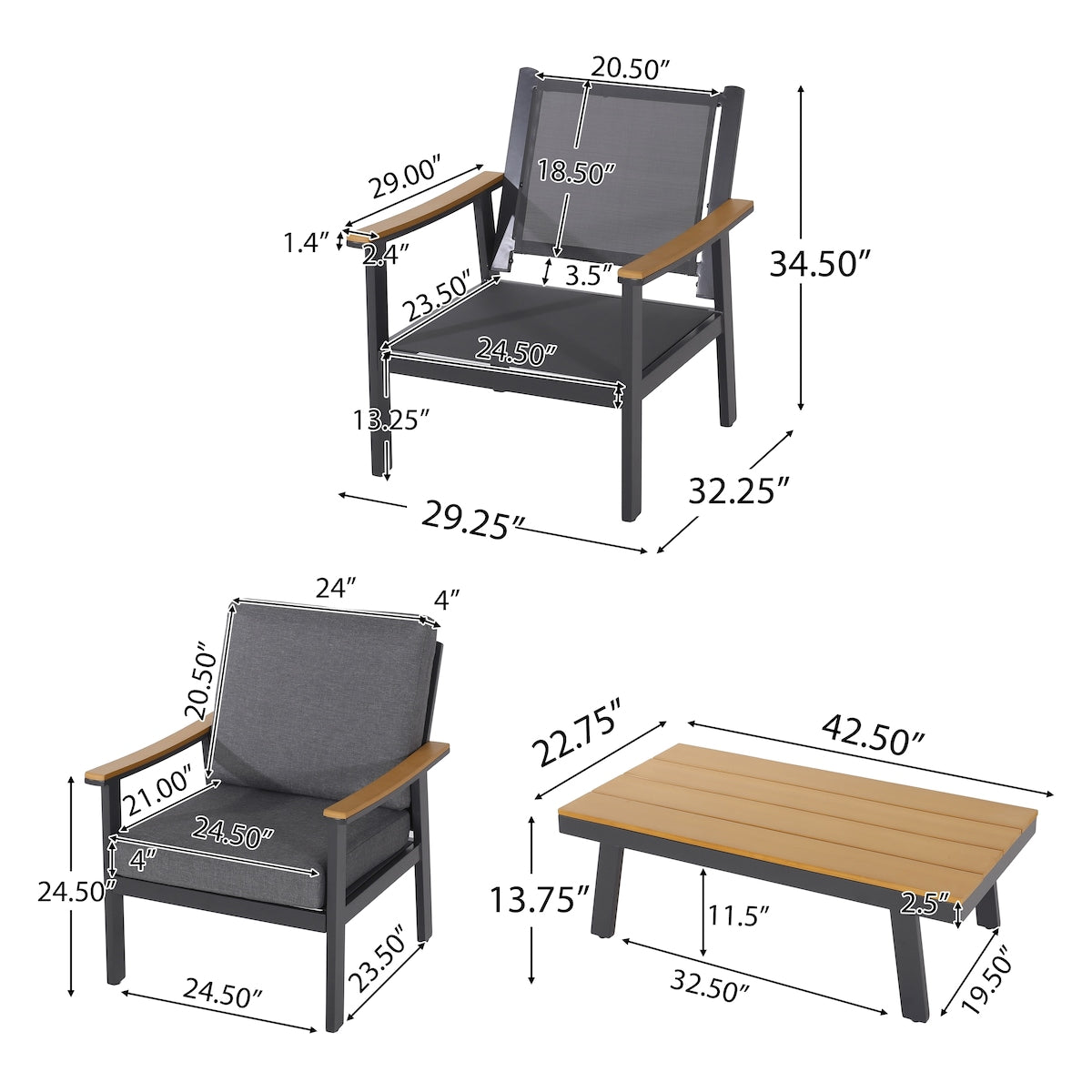 Patio Outdoor Wood Fabric Sofa Set with Coffee Table and Cushion