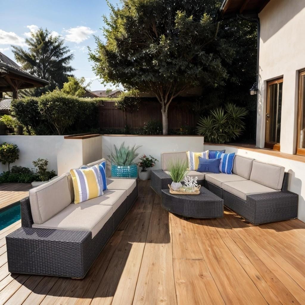 Patio Outdoor Wood Fabric Sofa Set with Coffee Table and Cushion