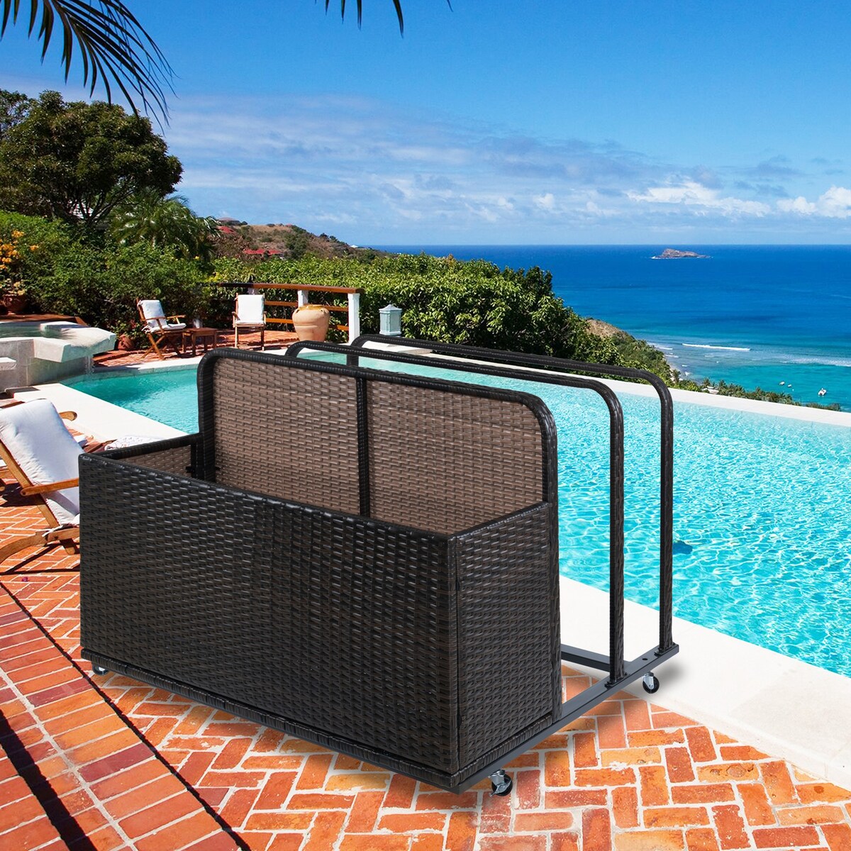 Patio Pool Float Storage Basket Outdoor Pool Caddy with Rolling Wheels
