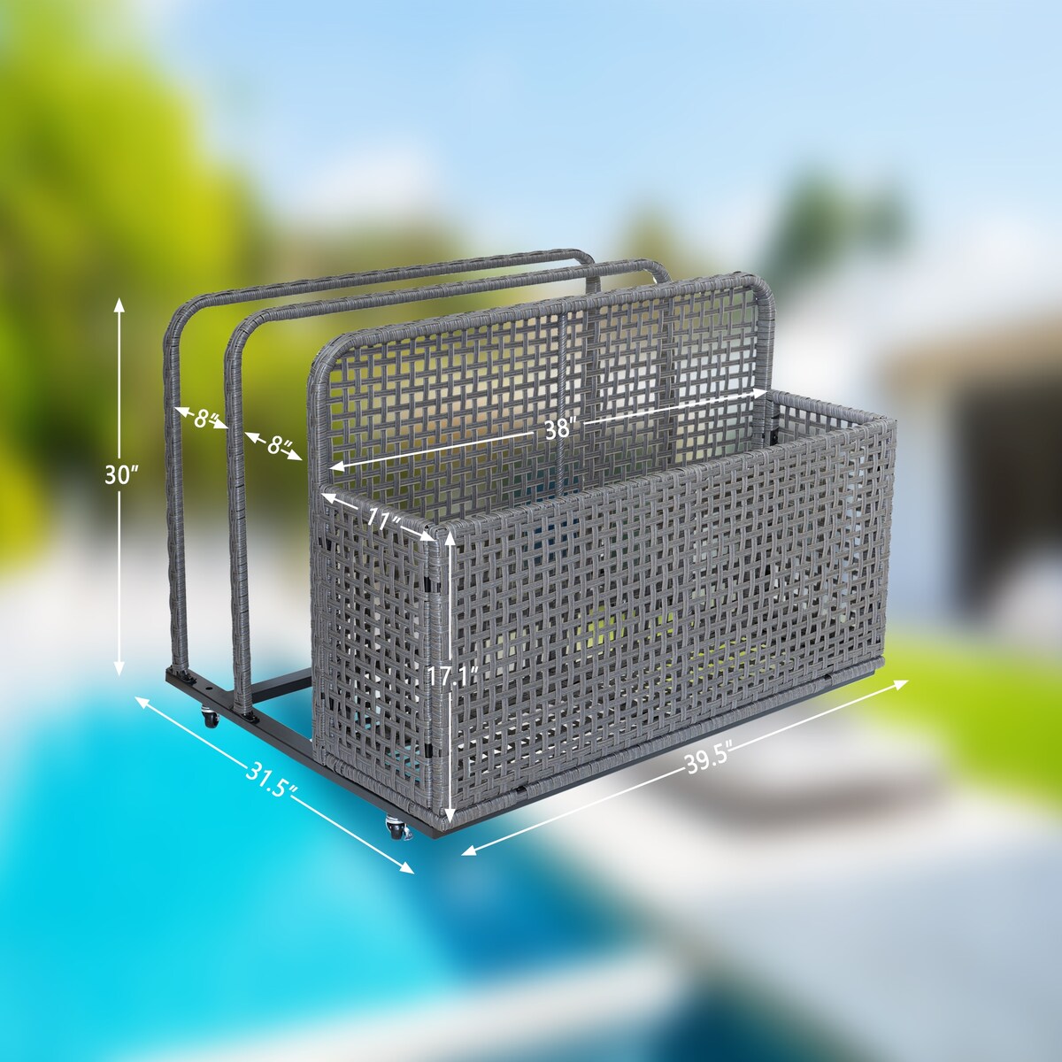 Patio Pool Float Storage Basket Outdoor Pool Caddy with Rolling Wheels