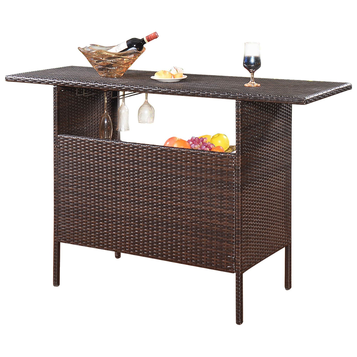 Patio Rattan Bar Counter Table with Steel Shelves for Garden
