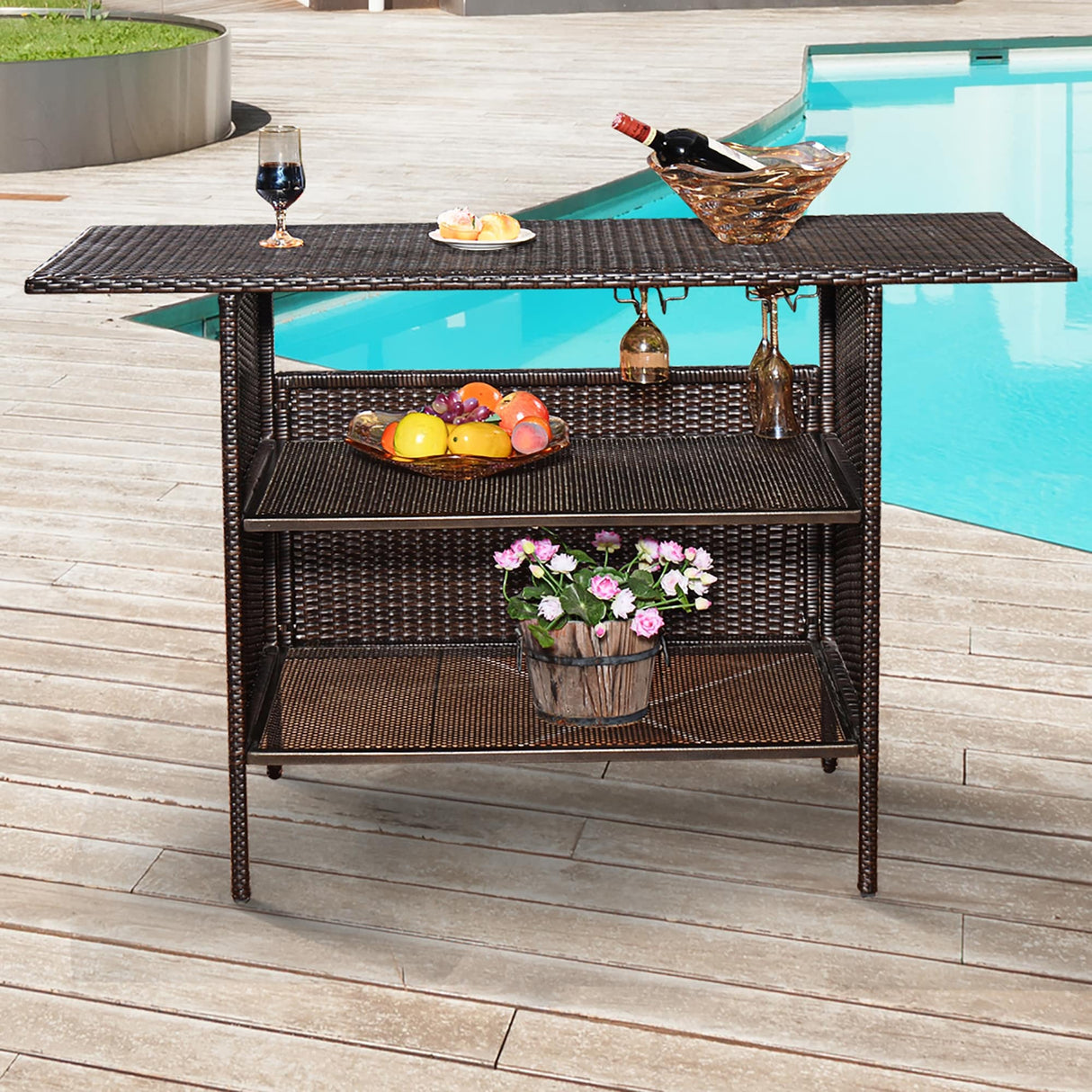 Patio Rattan Bar Counter Table with Steel Shelves for Garden