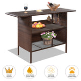 Patio Rattan Bar Counter Table with Steel Shelves for Garden