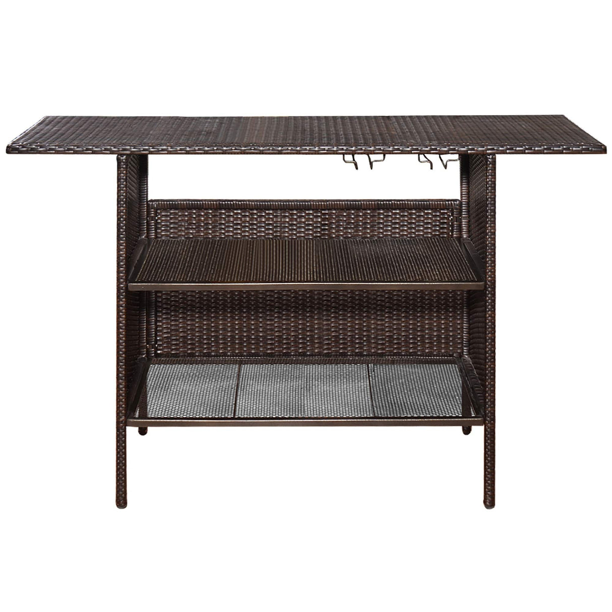 Patio Rattan Bar Counter Table with Steel Shelves for Garden