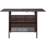 Patio Rattan Bar Counter Table with Steel Shelves for Garden