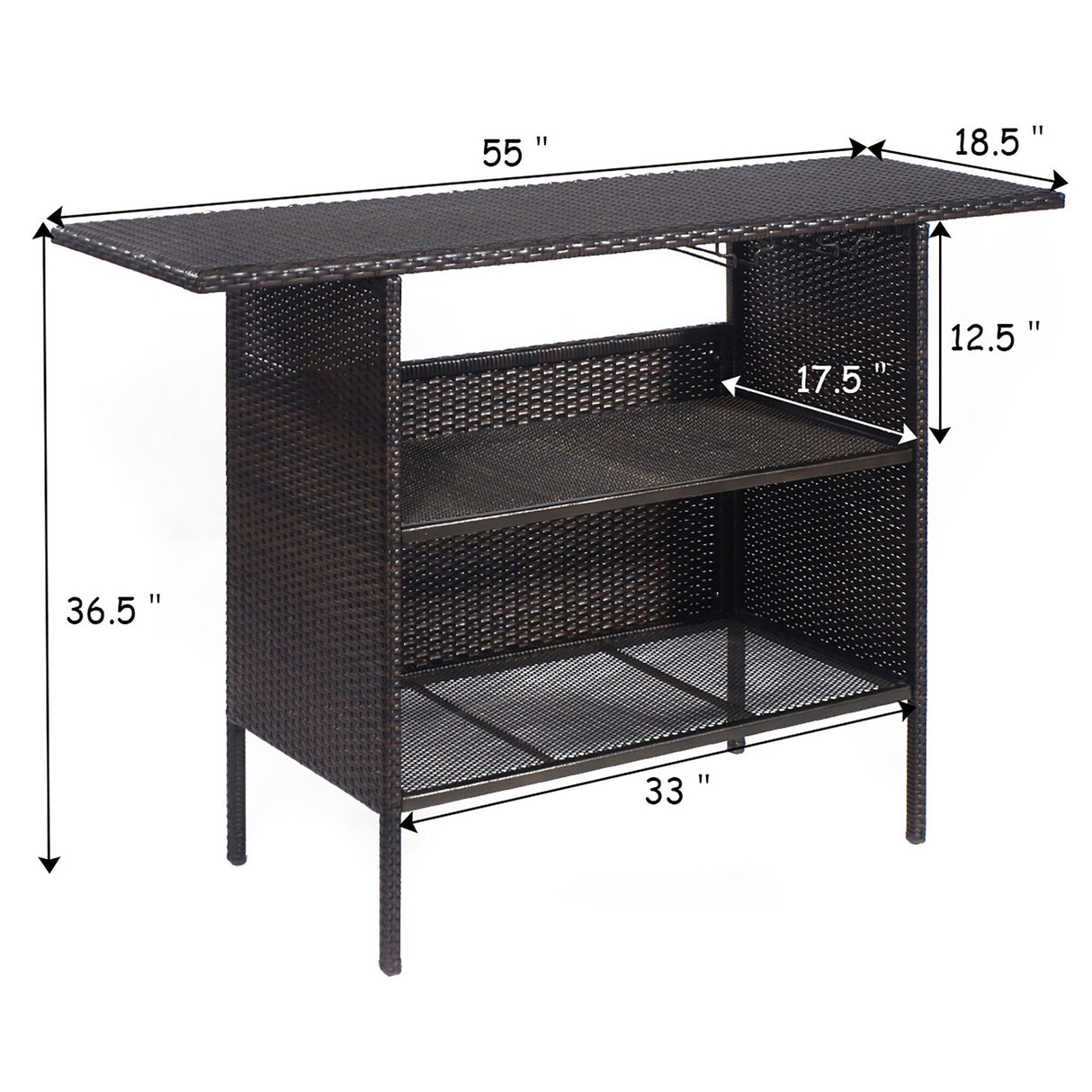Patio Rattan Bar Counter Table with Steel Shelves for Garden