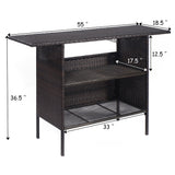 Patio Rattan Bar Counter Table with Steel Shelves for Garden