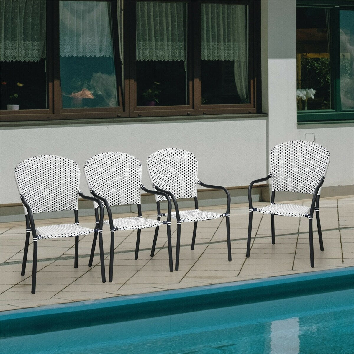 Patio Rattan Stackable Dining Chair with Armrest (Set of 4)