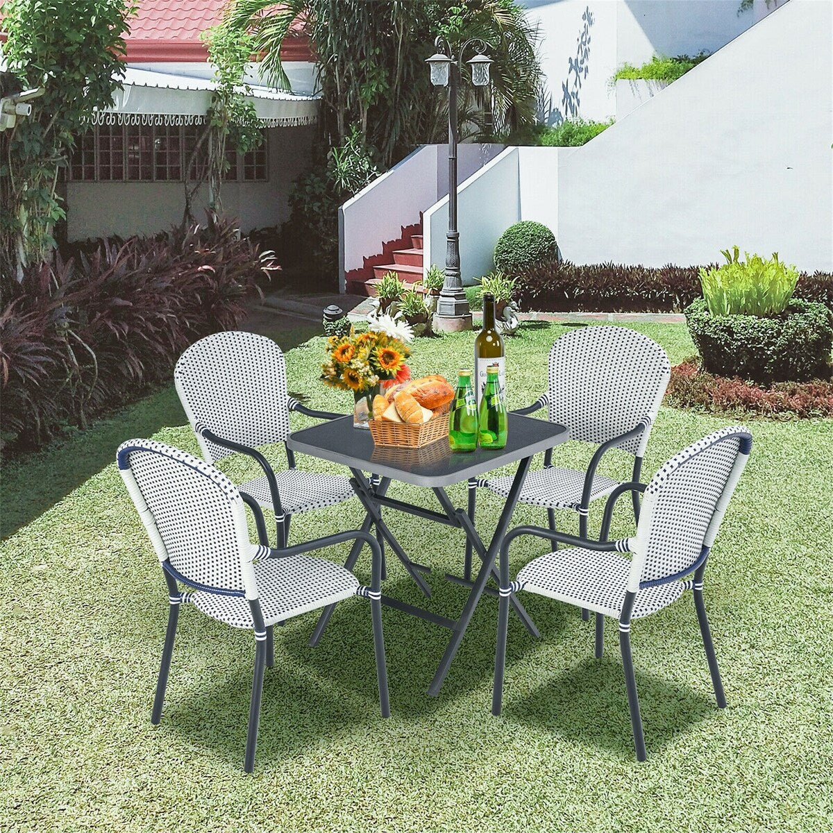 Patio Rattan Stackable Dining Chair with Armrest (Set of 4)