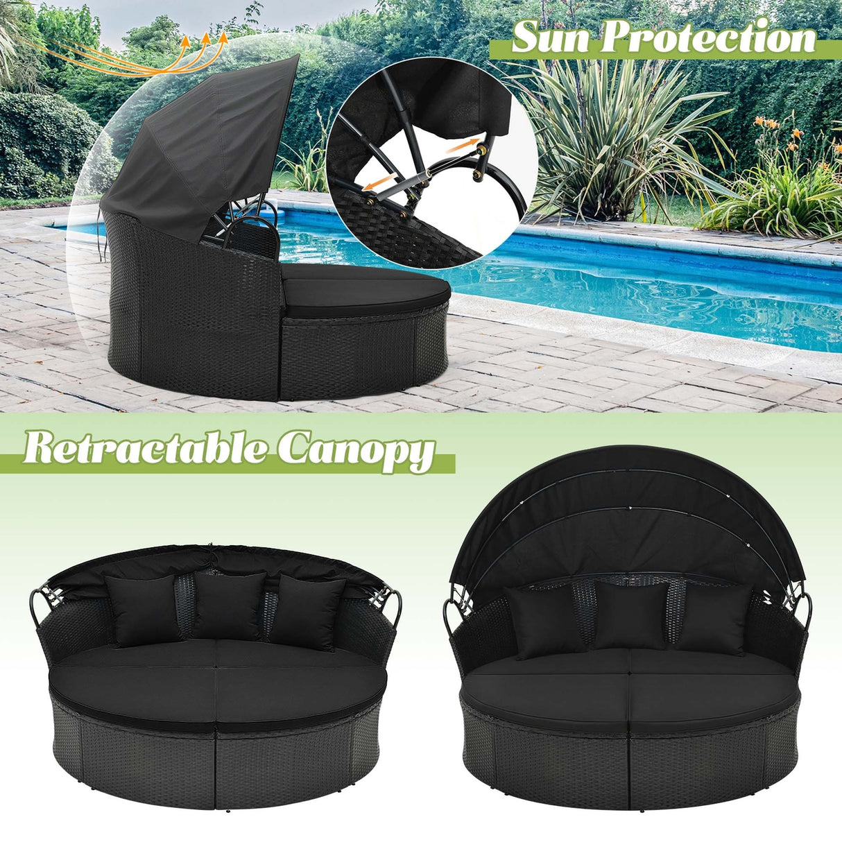 Patio Round Daybed with Retractable Canopy Rattan Sectional Seating