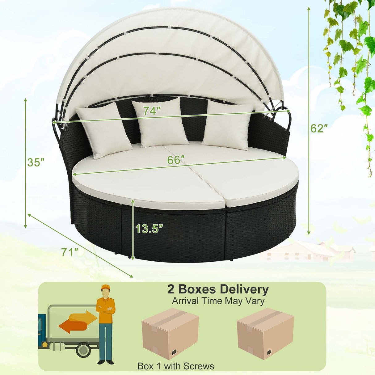 Patio Round Daybed with Retractable Canopy Rattan Sectional Seating