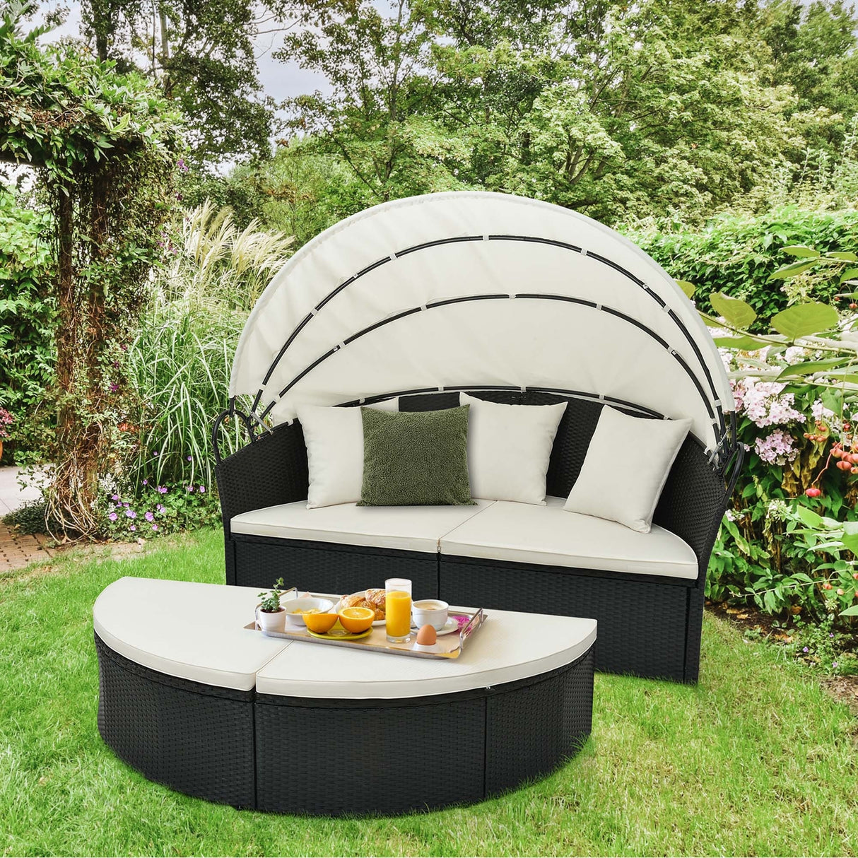 Patio Round Daybed with Retractable Canopy Rattan Sectional Seating