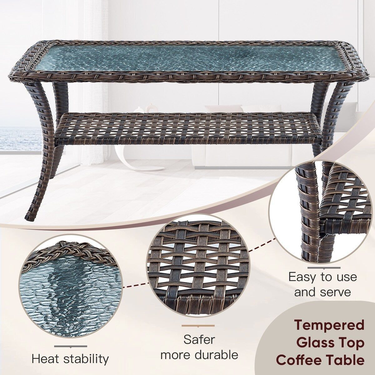 Patio Sofa with 2 Rocking Chair Coffee Table - Brown
