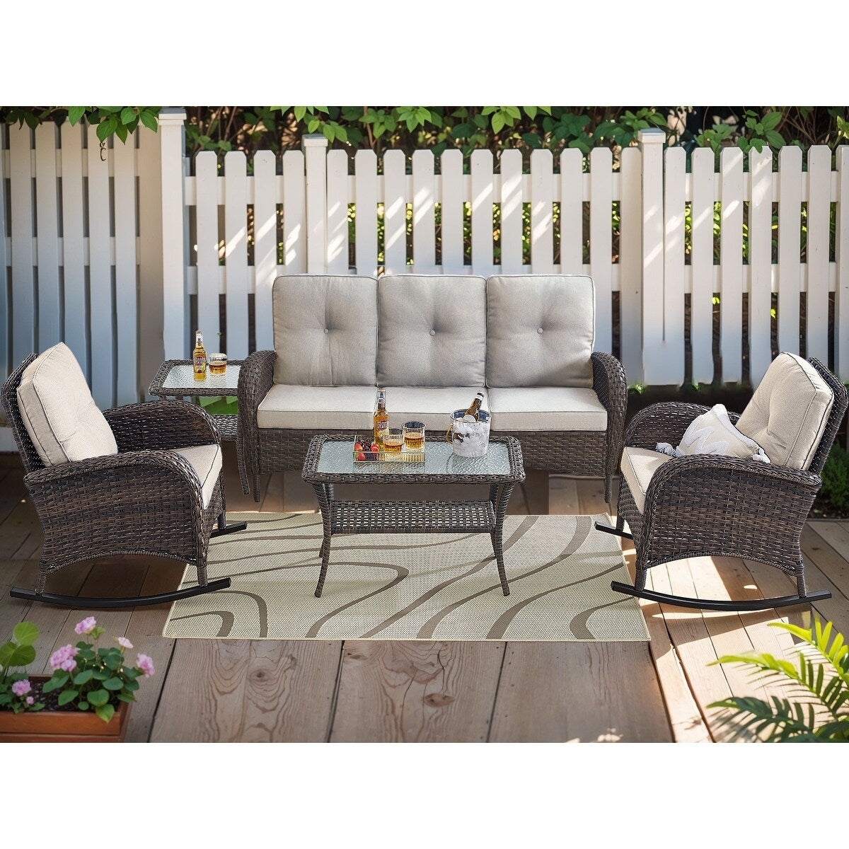 Patio Sofa with 2 Rocking Chair Coffee Table - Brown