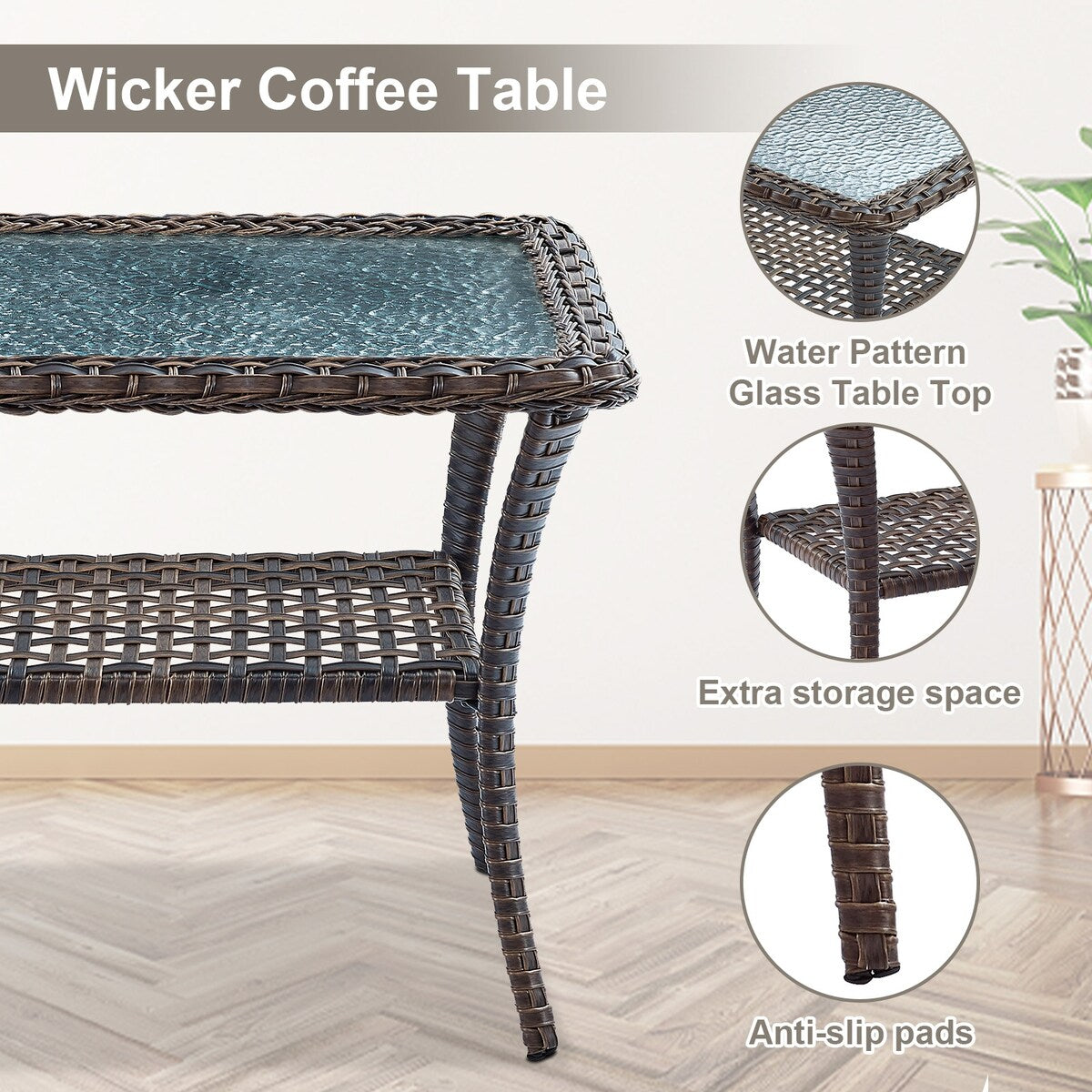 Patio Sofa with 2 Rocking Chair Coffee Table - Brown