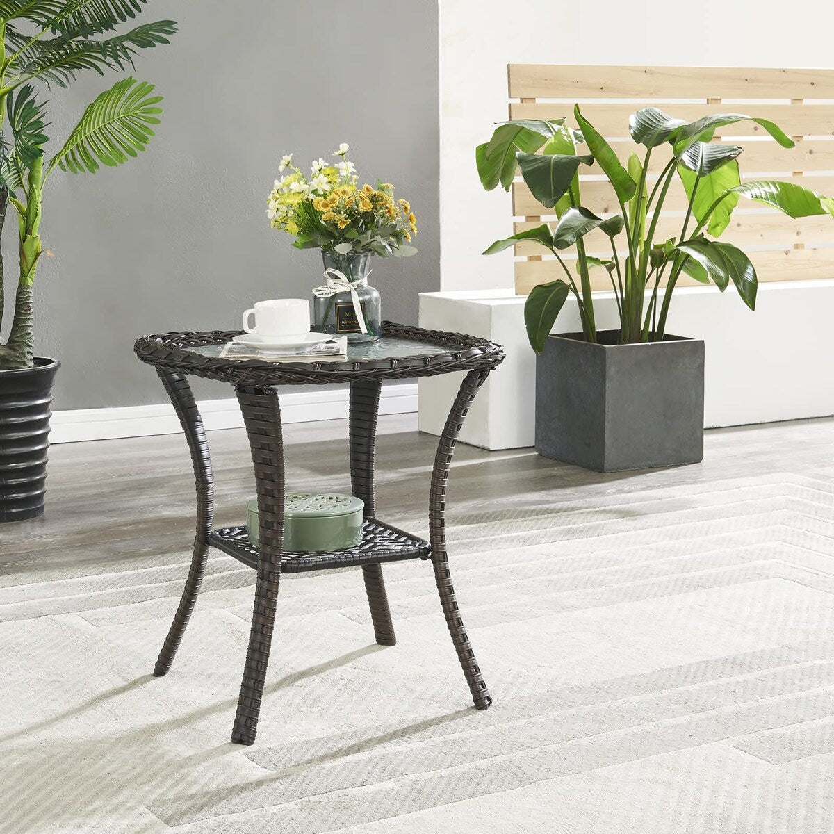 Patio Tables Wicker Side Table - Rattan Coffee Table with Glass Top End Table for Outdoor Outside Patio Porch Square Brown