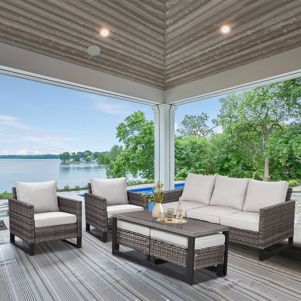 6 Piece Outdoor Sofa with Chair with Ottoman Set